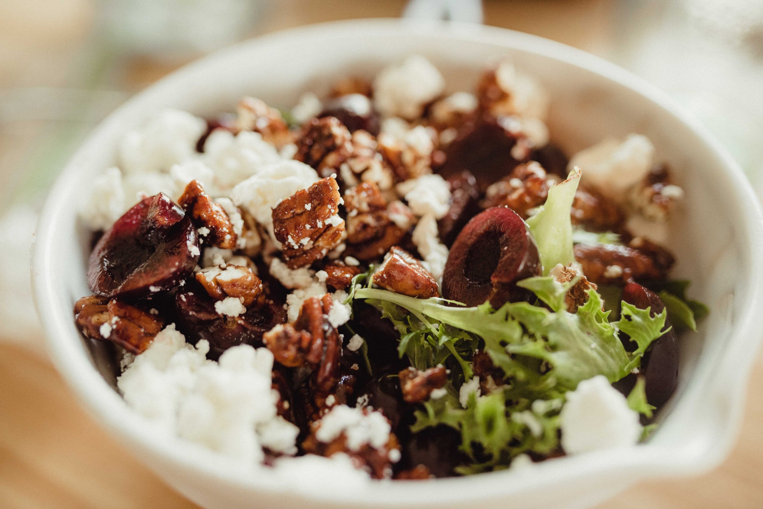 Cherry Goat Cheese Salad with Candied Maple Pecans