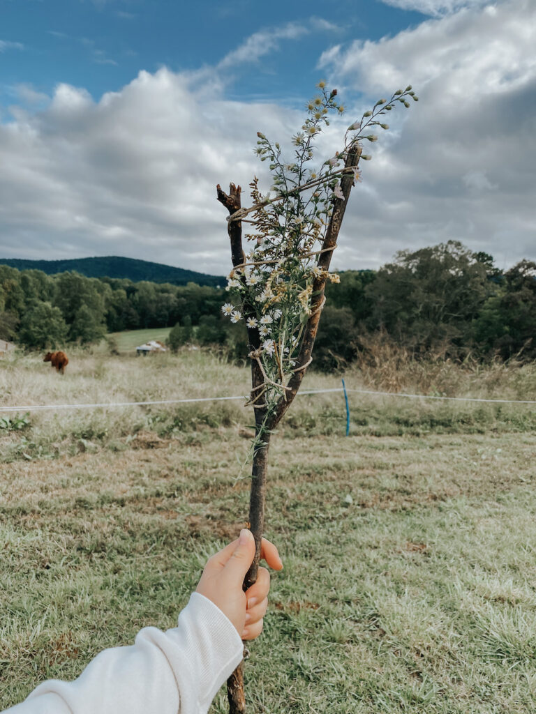 a hand holding a nature walk activity woven stick with foliage and wildflowers with the view of the mountains and pasture behind