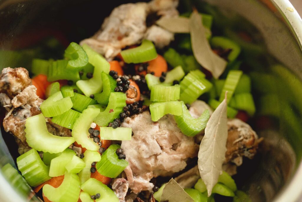 instant pot bowl with chicken, celery, and carrots